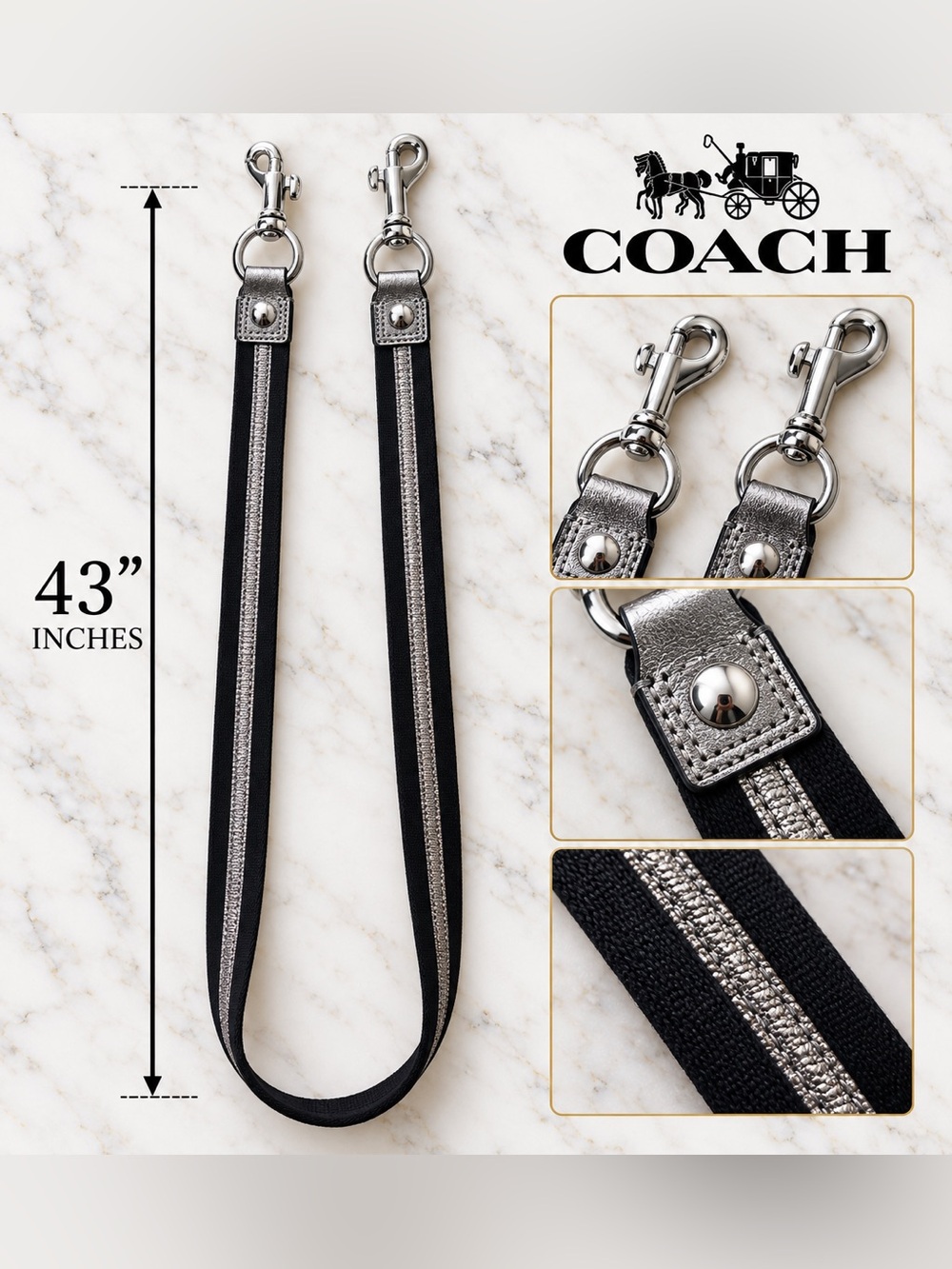 VTG Coach Poppy Black Canvas Metallic Replacement Shoulder Strap silver Hardware